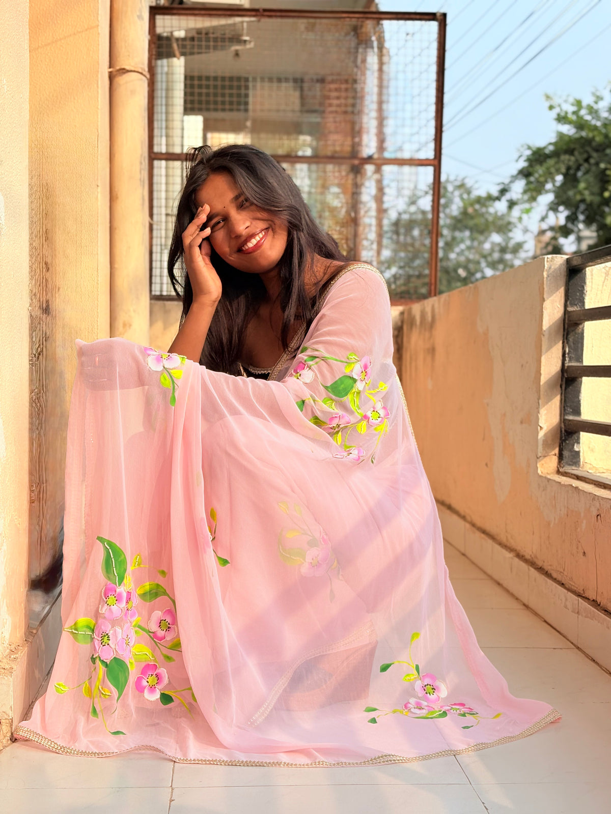 Gulabo Georgette Pink Handpainted Saree