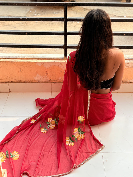 Nazakat Red Handpainted Georgette Saree