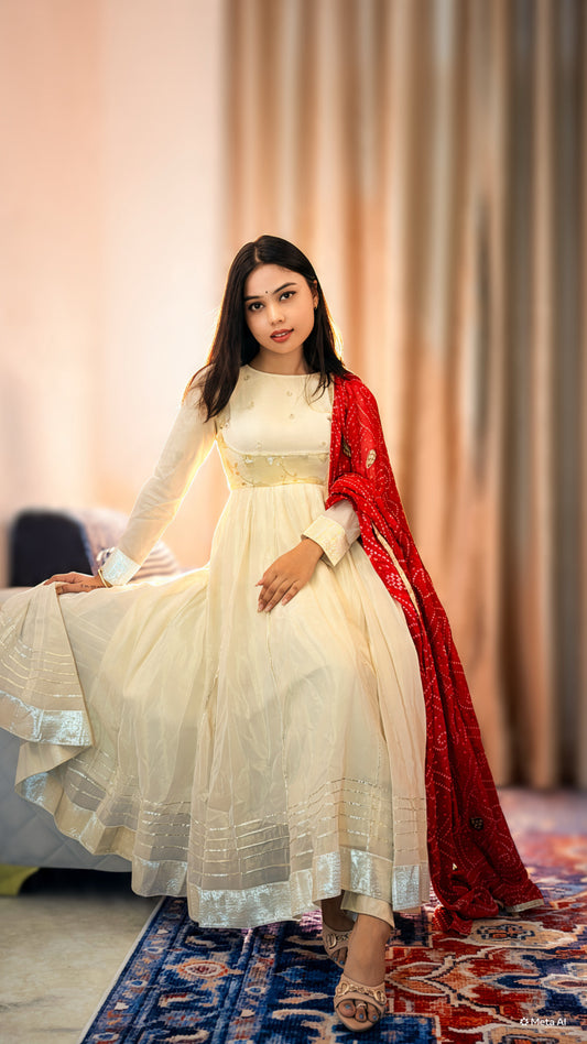 Naveli Natural Silk Handcrafted Gota suit with Bandhani Dupatta