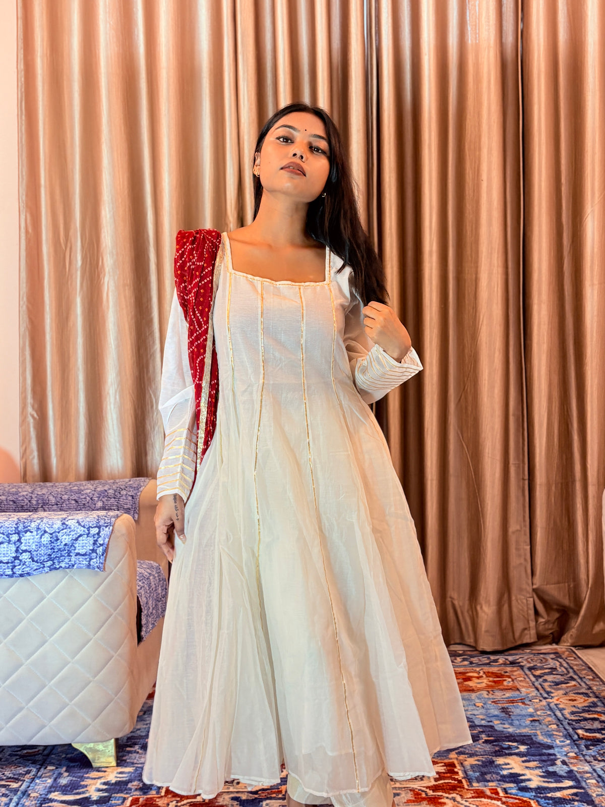 Chaandni Mul Chanderi Gotta Suit with Bandhani Dupatta
