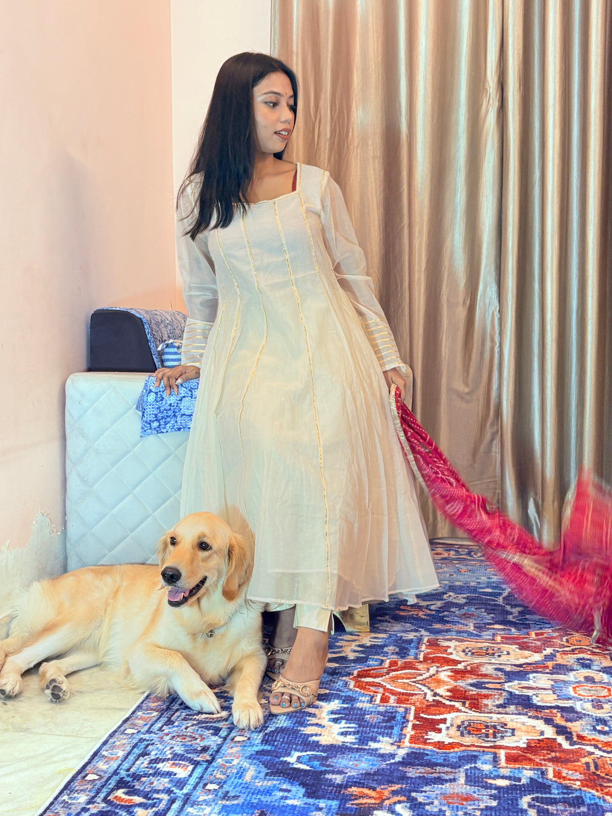 Chaandni Mul Chanderi Gotta Suit with Bandhani Dupatta